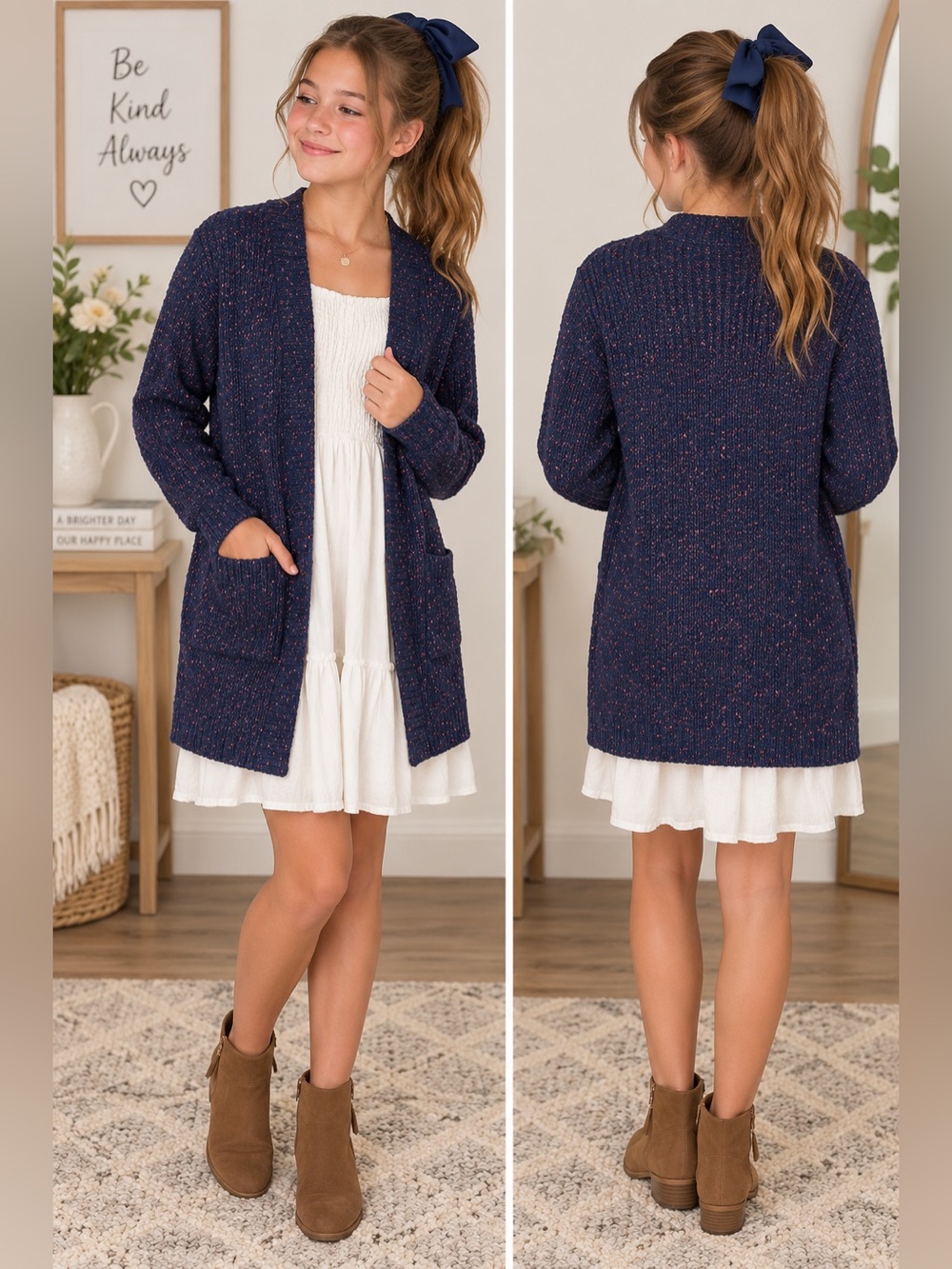Cat & Jack Girls XL 14-16 Navy Pink Speckled Long Cardigan Sweater with Pockets